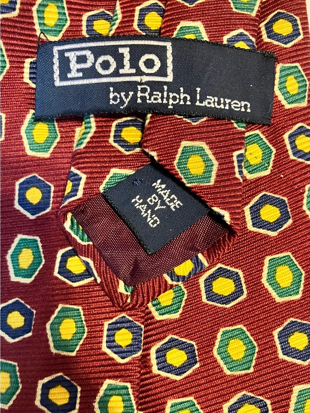 Ralph Lauren Burgundy Silk handmade Tie with Green and Yellow Hex Medallions